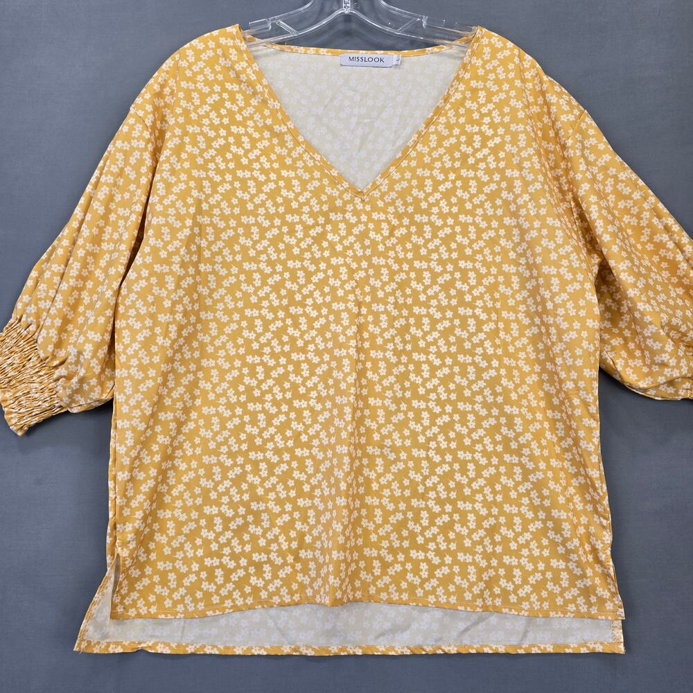 Misslook Yellow Mustard Floral Shirt V-Neck Short Fitted Sleeves Women's Size L